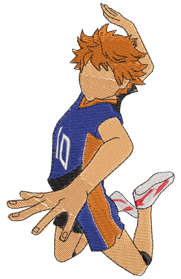 Haikyuu hinata, jumping to spike, position, full body, bird feather around,  bird in background, anime, fanart, non-realistic