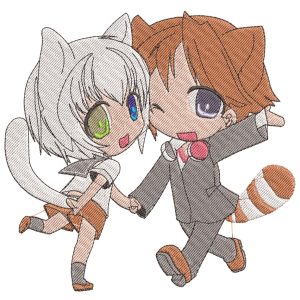 Anime Embroidery Pattern Chibi Cat Racoon Dance