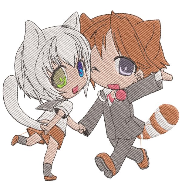 Anime Embroidery Pattern Chibi Cat Racoon Dance
